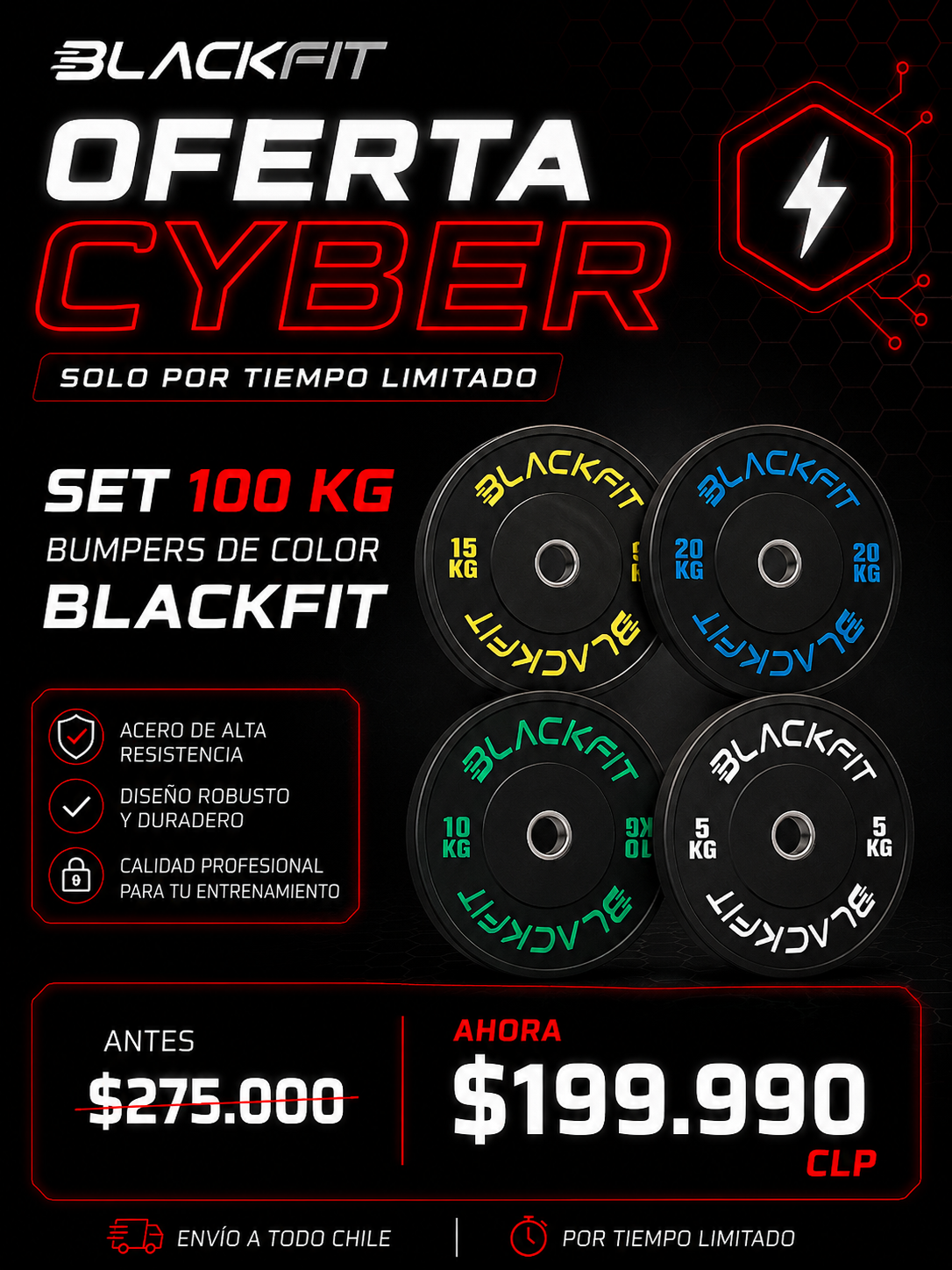 CYBER / Pack de 100 kilos de Bumpers con letras de colores Blackfit.